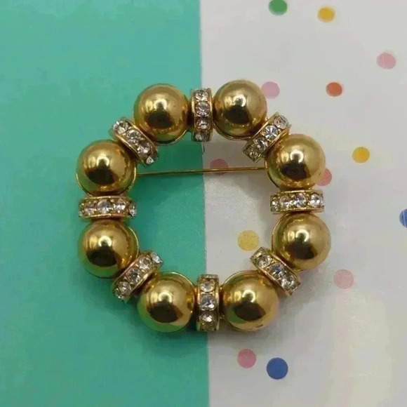 Vintage Liz Claiborne Gold Tone Ball Clear Rhinestone Rondell Circle Pin Brooch - Picture 1 of 4